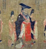 Emperor Wu of Northern Zhou (543–578), personal name Yuwen Yong, nickname Miluotu), was an emperor of the Chinese/Xianbei  Northern Zhou Dynasty. As was the case of the reigns of his brothers Emperor Xiaomin and Emperor Ming, the early part of his reign was dominated by his cousin Yuwen Hu, but in 572 he ambushed Yuwen Hu and seized power personally. He thereafter ruled ably and built up the power of his military, destroying rival Northern Qi in 577 and annexing its territory. His death the next year, however, ended his ambitions of uniting China, and under the reign of his erratic son Emperor Xuan (Yuwen Yun), Northern Zhou itself soon deteriorated and was usurped by Yang Jian in 581.<br/><br/>

Yan Liben (Wade–Giles: Yen Li-pen, c. 600-673), formally Baron Wenzhen of Boling, was a Chinese painter and government official of the early Tang Dynasty. His notable works include the Thirteen Emperors Scroll and Northern Qi Scholars Collating Classic Texts. He also painted the Portraits at Lingyan Pavilion, under Emperor Taizong of Tang, commissioned in 643 to commemorate 24 of the greatest contributors to Emperor Taizong's reign, as well as 18 portraits commemorating the 18 great scholars who served Emperor Taizong when he was the Prince of Qin. Yan's paintings included painted portraits of various Chinese emperors from the Han Dynasty (202 BC-220 AD) up until the Sui Dynasty (581-618) period