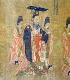 Emperor Wen of Sui (541–604), personal name Yang Jian, Xianbei name Puliuru Jia), nickname Naluoyan, was the founder and first emperor of China's Sui Dynasty. He was a hard-working administrator. As a Buddhist, he encouraged the spread of Buddhism through the state.<br/><br/>

Yan Liben (Wade–Giles: Yen Li-pen, c. 600-673), formally Baron Wenzhen of Boling, was a Chinese painter and government official of the early Tang Dynasty. His notable works include the Thirteen Emperors Scroll and Northern Qi Scholars Collating Classic Texts. He also painted the Portraits at Lingyan Pavilion, under Emperor Taizong of Tang, commissioned in 643 to commemorate 24 of the greatest contributors to Emperor Taizong's reign, as well as 18 portraits commemorating the 18 great scholars who served Emperor Taizong when he was the Prince of Qin. Yan's paintings included painted portraits of various Chinese emperors from the Han Dynasty (202 BC-220 AD) up until the Sui Dynasty (581-618) period