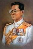Thailand: King Rama IX, Bhumibol Adulyadej (5 December 1927 – 13 October 2016), 9th monarch of the Chakri Dynasty. Oil on canvas painting, 20th century.<br/><br/>

Bhumibol Adulyadej (Phumiphon Adunyadet) was the 9th King of Thailand. He was known as Rama IX, and within the Thai royal family and to close associates simply as Lek. Having reigned since 9 June 1946, he was one of the world's longest-serving heads of state and the longest-reigning monarch in Thai history.