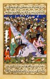 Late 16th century minature of the Prophet Muhammad and the Muslim army at the Battle of Uhud, near Mecca, in 625. The painting was commissioned by the Ottoman sultan Murad III. Muhammad is represented veiled, according to Muslim convention.