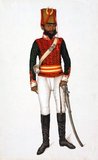 Native soldier in the uniform of Skinner's Horse, Delhi, c.1815. East India Company painting commissioned by the brothers James and William Fraser in around 1815. The irregular cavalry regiment known as Skinner’s Horse was headed by James Skinner, with Fraser as his second in command. The regiment was raised in 1803 as Skinner’s Horse by James Skinner (Sikander Sahib) as an irregular cavalry regiment in the service of the East India Company. There were two regiments of Indian Cavalry raised by Colonel James Skinner in 1803. They became the 1st Bengal Lancers and the 3rd Skinner's Horse. On the reduction of the Indian Army in 1922, they were amalgamated and became Skinner's Horse (1st Duke of York's Own Cavalry). The old 1st Lancers wore yellow uniforms (unique in the world) and the old 3rd wore blue. Each regiment had the full-dress (mounted) long 'Kurta' worn with a turban and cummerbund, also a full-dress (dismounted) or levee, dress.