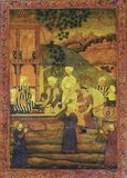'A Prince visiting a Dervish who has abandoned his Way of Life', lacquerware miniature from Sadi's Gulistan painted c. 1610 for the Mughal Emperor Jahangir (r. 1605-1627).
Nur-ud-din Salim Jahangir (20 September 1569 – 8 November 1627 was the ruler of the Mughal Empire from 1605 until his death. The name Jahangir is from Persian meaning 'Conqueror of the World'. Nur-ud-din or Nur al-Din is an Arabic name which means; 'Light of the Faith'. Born as Prince Muhammad Salim; he was the third and eldest surviving son of Mogul Emperor Akbar.