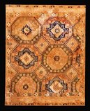 Woven cloth with repeated medallion designs, 7th-8th century. The patterns, which form fairly simple geometrical shapes, are similar in design to the mosaic floors found in the Umayyad desert palaces of Jordan and Palestine.