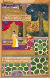 The Mughal Emperor Akbar (r. 1556-1605) was known for his religious tolerance, and had holy Hindu scriptures translated into Persian. He presented the magnificent copy of the Ramayana from which this miniature comes to his mother in 1594. Sita, wife of the protagonist, Rama, has been captured by the evil demon Ravana. In this scene a frightened Sita begins to doubt whether it really is her good friend, the monkey general Hanuman, standing before her.